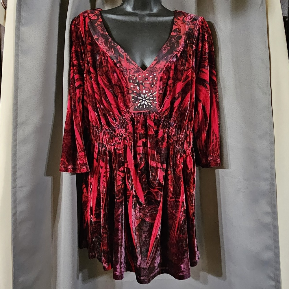 Apt. 9 Red Black Velvet Tunic V-Neck Rhinestone Studded Blouse Top Womens 1X